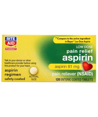 Rite Aid Aspirin Enteric Tablets, 81 mg Aspirin - 120 ct, Low Dose Aspirin | NSAID | Migraine Relief Products | Safety Coated | Enteric Coated Aspirin Regimen | Headache Relief Pills | Pain Relief