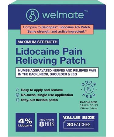 Welmate | 4% Lidocaine Numbing Patch | Maximum Strength | for Aches, Pains, Back, Neck, Shoulder, Muscle Soreness, & Joint Pain | Arthritis | Topical Analgesic | Unscented Lidocaine Patch | 30 Count