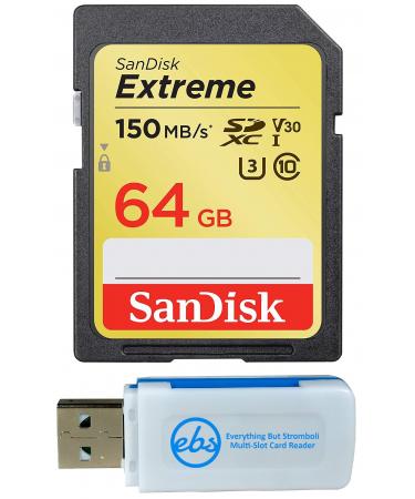 SanDisk 64GB Extreme SDXC UHS-I Card for Fujifilm Camera Works with X-T30 II GFX 50S II X-E4 Mirrorless SLR (SDSDXV6-064G-GNCIN) Bundle with 1 Everything But Stromboli Micro & SD Memory Card Reader