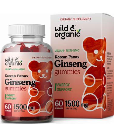 Wild & Organic Korean Panax Red Ginseng Gummies - Energy & Brain Supplements Gummy Vitamins - Memory, Mental Focus, Mood Boost & Immune Support Vegan Supplement - Natural Herbal - 1500 mg 60 Chews