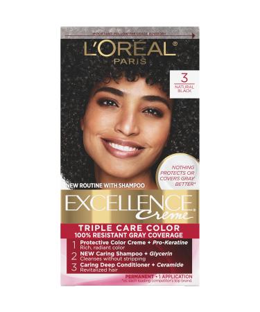 L'Oreal Paris Excellence Creme Permanent Triple Care Hair Color  3 Natural Black  Gray Coverage For Up to 8 Weeks  All Hair Types  Pack of 1 1 Count (Pack of 1) 3 Natural Black