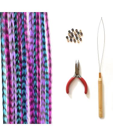 Feather Hair Extensions, 100% Real Rooster Feathers, Long Pink, Purple,  Blue Colors (B1 Striped Kit)