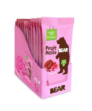 BEAR Real Fruit Snack Rolls - Gluten Free Vegan and Non-GMO - Raspberry – 12 Pack (2 Rolls Per Pack) - Healthy School And Lunch Snacks For Kids And Adults