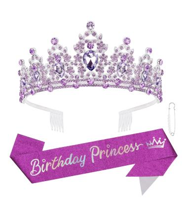 Chanaco Birthday Sash Princess Crown Birthday Girl Sash Tiaras for Women Birthday Crown Birthday Girl Headband Purple Happy Birthday Decorations Princess Birthday Party Supplies Gifts