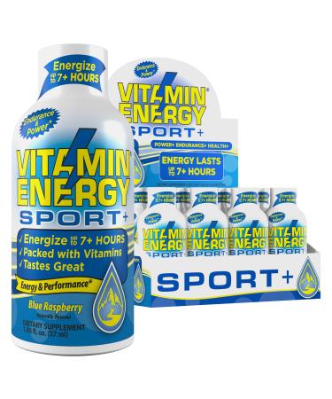 Vitamin Energy Sport+ Energy Drink Shots, Blue Raspberry Flavor, Up to 7+ Hours of Energy, 1.93 Fl Oz, 12 Count