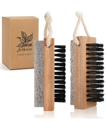 Foot Scrubber Brush with Pumice Stone for Feet Hands, Wooden Cleaning Fingernail Scrub Brush, Finger Toes Nails Cleaner Brushes with Stiff Bristles for Scrubbing Fingernails 2 in 1 Manicure Pedicure Pumice Stone & Nail Brush