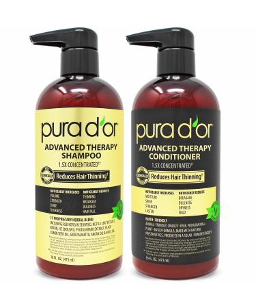 PURA D'OR Anti-Thinning Advanced Therapy Biotin Shampoo & Conditioner Hair Care Set, Clinically Proven, DHT Blocker Hair Thickening Products For Women & Men, Natural Daily Routine Shampoo, 16oz x 2