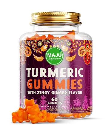 MAJU Turmeric Curcumin Gummies 60ct  Zingy Ginger Taste  Black Pepper Extract for Enhanced Absorption and Potency  Tumeric Gummies for Adults and Kids