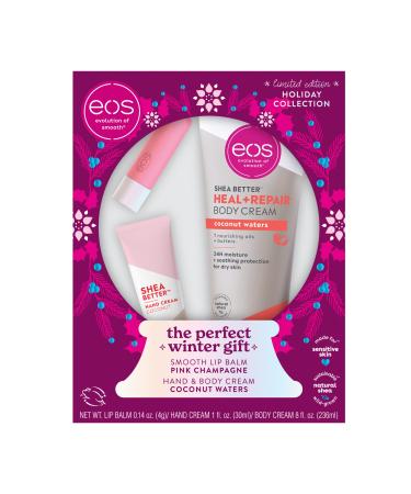 eos Limited Edition Holiday Collection- Pink Champagne Lip Balm Coconut Waters Hand & Body Cream Winter Gift Set Made for Sensitive Skin 3-Pack