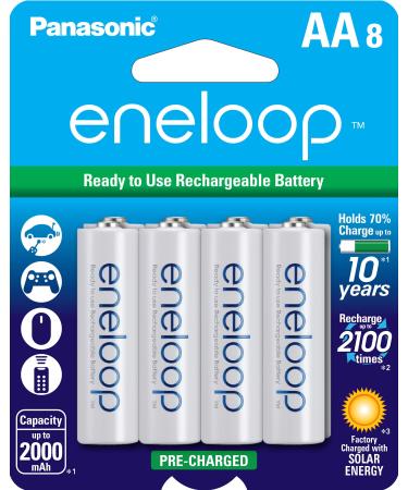 Panasonic BK-3MCCA8BA eneloop AA 2100 Cycle Ni-MH Pre-Charged Rechargeable Batteries, 8-Battery Pack AA 8 Count (Pack of 1) Batteries only