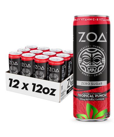 ZOA Sugar Free Energy Drink Tropical Punch 12 Fl Oz Healthy Energy Drinks with B Vitamins Amino Acids - Pack Of 12