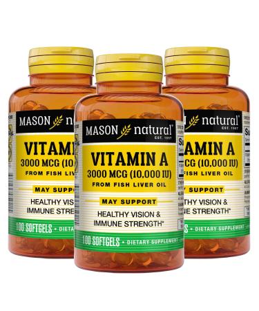 MASON NATURAL Vitamin A 3 000 mcg 10000 IU from Fish Liver Oil Promotes Healthy Vision Supports a Healthy Immune System Essential Nutrient Softgels Yellow 100 Count Pack of 3