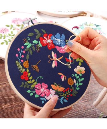 Flower Printed Pattern Embroidery Kits For Beginner , Handmade Sewing Craft