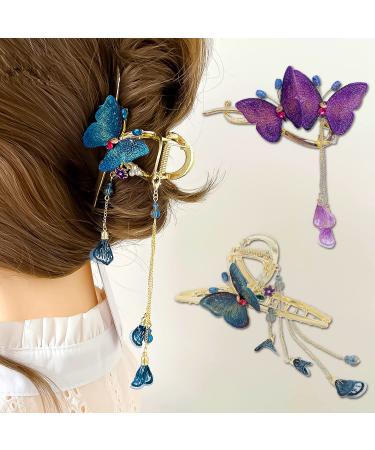 WODICO 2Pcs Gold Butterfly Hair Clips for Women - Made of Metal Perfect for Thin or Thick Hair Include Blue & Purple Butterfly Claw Clips.