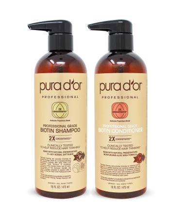 PURA D'OR Professional Grade Anti-Thinning Biotin Shampoo & Conditioner Set For Thinning Hair, Clinically Proven Hair Care 2X Concentrated DHT Blocker Hair Thickening Products For Women & Men 16oz x 2