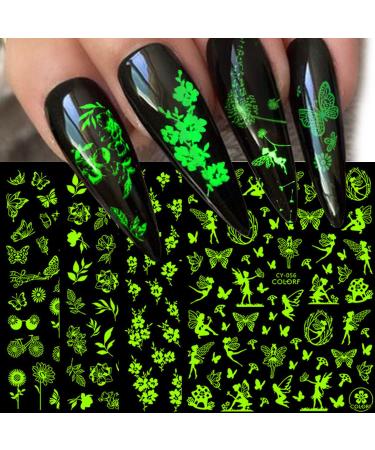 9 Sheet Glow in The Dark Nail Stickers Decals Self-Adhesive Pegatinas U as Luminous Flower Floral Butterfly Design Manicure Tips Nail Decoration for Women Girls