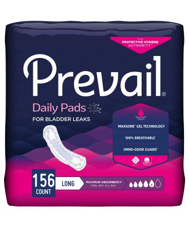 Prevail Incontinence Bladder Control Pads for Women, Maximum Absorbency, Long Length, 156 Count 39 Count (Pack of 4) Maximum Absorbency - Long Length