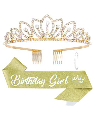 Chanaco Birthday Sash for Women Birthday Crown Birthday Crowns for Women Birthday Girl Sash Birthday Girl Crown Birthday Tiara for Women Happy Birthday Decorations for Women (Gold)