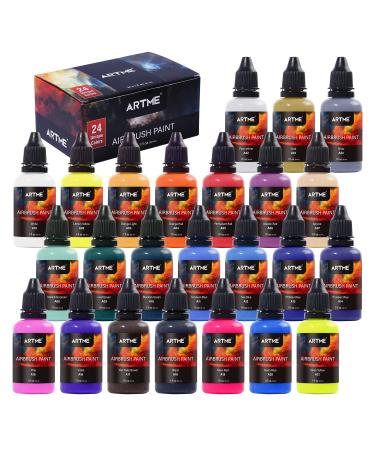 ARTME Airbrush Paint  24 Colors Airbrush Paint Set Include Metallic and Neon Colors  Opaque & Water Based Acrylic Airbrush Paint  Leather & Shoe Airbrush Paint Kit for Artists  Beginners  and Students