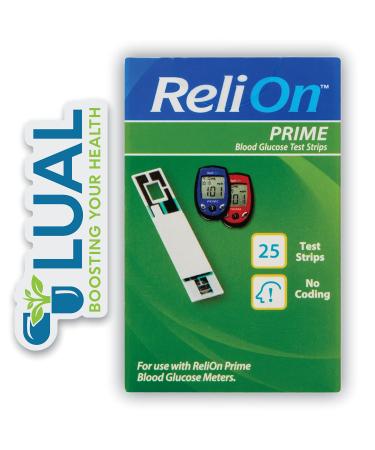 Prime Test Strips. Includes Luall Sticker + ReliOn Prime Blood Glucose Test Strips (25 Test Strips)