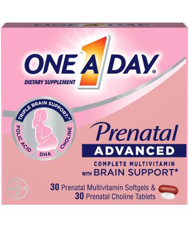 One A Day Womens Prenatal Advanced Complete Multivitamin with Brain Support* with Choline, Folic Acid, Omega-3 DHA & Iron for Pre, During and Post Pregnancy, 30+30 Count (60 Count Total Set)