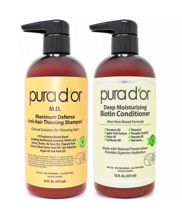 PURA D'OR MD Anti-Thinning Biotin Shampoo & Conditioner Set, Maximum Defense Coal-Tar DHT Blocker Hair Thickening Products For Women & Men, Daily Routine Shampoo For Scalp Health, Color Safe, 16oz x 2