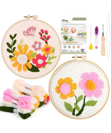 Pllieay 2 Set Punch Needle Embroidery Starter Kits Include Instructions  Punch Needle Fabric with Pattern  Yarns  Embroidery Hoops for Rug-Punch & Pinch Needle Flowers