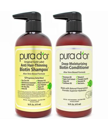 PURA D'OR Anti-Thinning Biotin Shampoo and Conditioner, CLINICALLY TESTED Proven Results, DHT Blocker Thickening Products For Women & Men, Color Treated Hair, Original Gold Label Hair Care Set 16oz x2 Herbal 16 Fl Oz (Pack