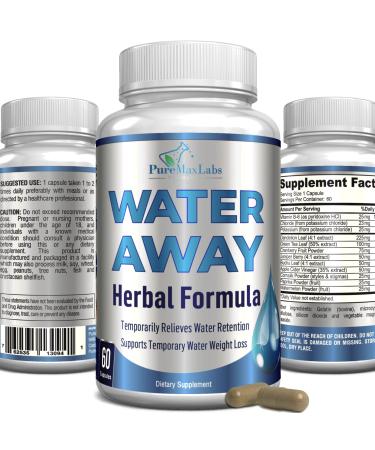 Water Away Gentle Herbal Diuretic - Natural Diuretic Water Pills - Relieve Bloating Reduce Excess Water Weight with Dandelion Leaf Green Tea Detox Cleanse  Urinary Health. Non-GMO 60 Capsules