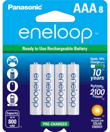 Panasonic BK-4MCCA8BA eneloop AAA 2100 Cycle Ni-MH Pre-Charged Rechargeable Batteries, 8-Battery Pack 1 Count (Pack of 1) Batteries