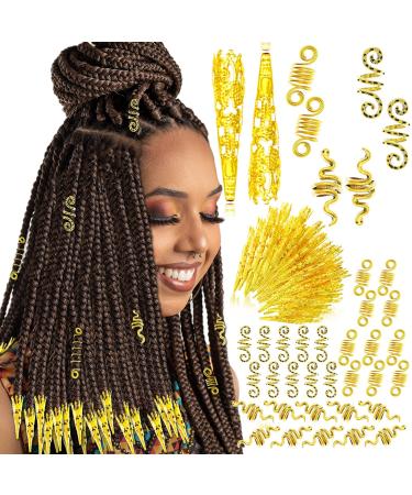130 Pieces Locs Hair Jewelry for Women Goddess Dreadlocks Accessories kit Faux Locs Beads Braids Hair Cuffs Decoration charms (Gold)