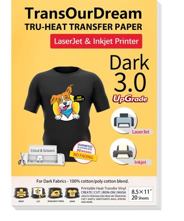TransOurDream Iron on Heat Transfer Paper for Heat Press (25 Sheets,  8.5x11, Dark 6.0) Printable HTV Heat Transfer Vinyl for T Shirts Iron on  Transfers for Inkjet Printer (TRANS-D6-20) 