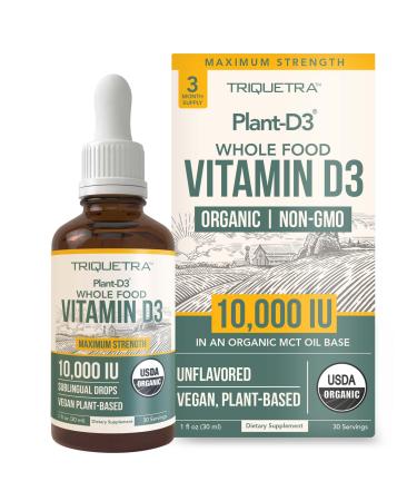 Organic Vitamin D3 10 000 IU - Plant D3 Vegan Max Strength Sublingual Liquid D3 Drops - 200% Higher Absorption 100% Plant-Based Cholecalciferol Form & Vegan D3 Adjustable Dosing (30 Servings)