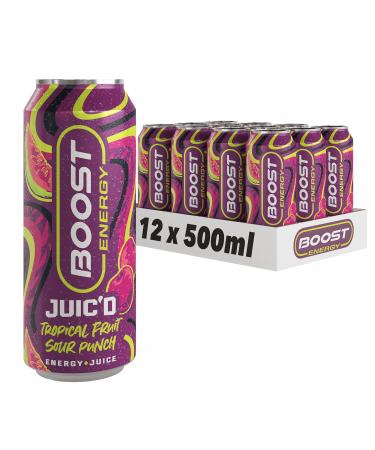Boost Juic'd Energy Drink Tropical Fruit Sour Punch 500ml x 12 pack Vegan Friendly Great Tasting Energy Boost Low Calorie Carbonated Drink with Added B Vitamins Taurine Real Juice & Caffeine Sour Punch 12 x 500ml
