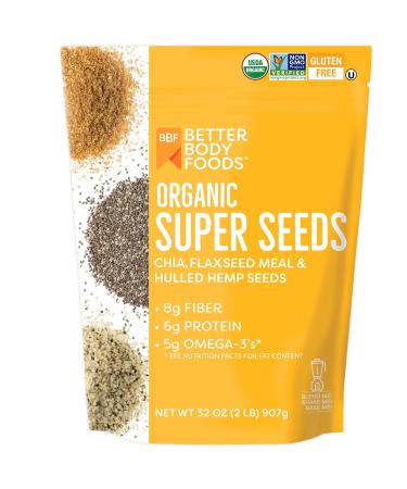 BetterBody Foods Superfood Organic Super Seeds - Chia Flax & Hemp Seeds, Blend of Organic Chia Seeds Organic Milled Flax Seed Organic Hemp Hearts, Add to Smoothies Shakes & More, 2lb, 32 oz 32 ounces (2 lbs)