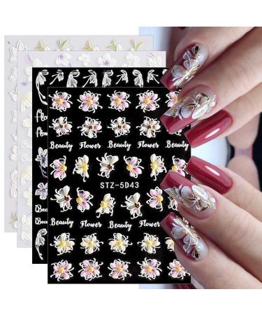 3D Embossed Spring Flower Nail Art Stickers Decals 4 Sheets 5D Self-Adhesive Pegatinas U as Pink Cherry Blossoms Floral Nail Supplies Nail Art Design Decoration Accessories Flowers