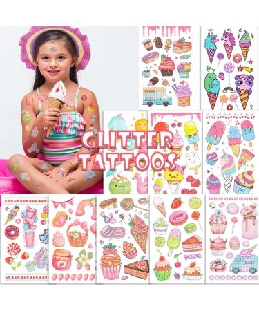 Konsait Glitter Ice Cream Tattoos for Kids  Lollies  Donut Cake Kids Tattoos Temporary for Girls Donut Birthday Party Decorations Two Sweet Birthday Party Supplies Donut Party Favors 99 Pcs
