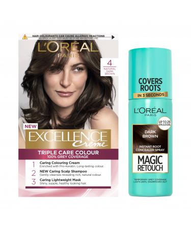 L'Or al Paris Excellence Cr me Permanent Hair Dye Natural Dark Brown 4 + Magic Retouch Dark Brown Root Touch Up 75ml Set For Perfect Hair & Roots Coverage In Between Colours Natural Dark Brown Hair Dye & Rot Touch Up 75.00 ml (Pack of 1)