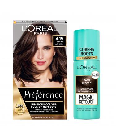 L'Oreal Paris Preference Permanent Hair Dye Intense Deep Brown 4.15 + Magic Retouch Dark Brown Root Touch Up 75ml Set For Perfect Hair & Roots Coverage In Between Colours Deep Brown Hair Dye & Root Touch Up 1 count (Pack of 1)