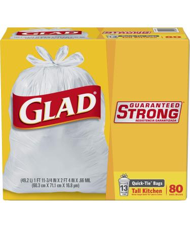 GLAD Tall Quick-Tie Trash Bags, 13 Gallon White Trash Bags for Tall Kitchen Trash Can, 80 Count - Packaging May Vary