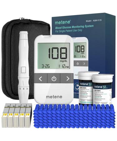 Metene AGM-513S Glucose Monitor Kit, 100 Glucometer Strips, 100 Lancets, Blood Sugar Test Kit with Lancing Device and Carrying Bag, No Coding 205