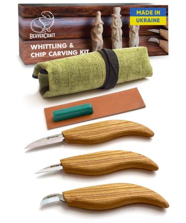 BeaverCraft S13 Wood Carving Tools Set for Spoon Carving 3 Knives in Tools Roll Leather Strop and Polishing Compound Hook Sloyd Detail Knife Right