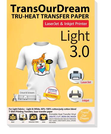 TransOurDream Tru-Iron on Heat Transfer Paper for Light Fabric (25 Sheets,  8.5x11, Light 4.0) Iron-on Transfers Paper for White T-Shirts Printable