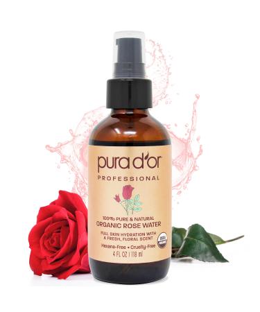PURA D'OR Organic Rose Water Toner (4oz / 118mL) Eau Fraiche, 100% Pure Full Skin Hydration, Control Excess Oils & Acne - Cleanses & Softens Skin - Promotes Healthy Skin Cell - for All Skin Types