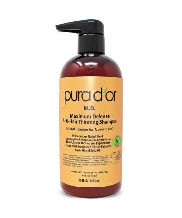 PURA DOR MD Anti-Hair Thinning Shampoo w/ 0.5% Coal Tar, Biotin Shampoo (16oz) 19+ DHT Herbal Blend for Dry & Itchy Scalp, No Sulfates, For Men & Women (Packaging Varies)