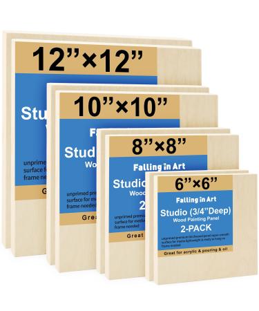 Unfinished Birch Wood Canvas Panels Kit Falling in Art 8 Pack of 4 Sizes Studio 3/4 Deep Cradle Boards for Pouring Art Crafts Painting and More 6*6 8*8 10*10 12*12 2-Pack