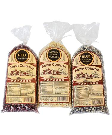 Amish Country Popcorn | Variety Bundles | 3 - 1 lb Bags | Red - White - Blue Popcorn Kernels | Old Fashioned Non-GMO and Gluten Free Red Medium White & Blue Popcorn Kernels