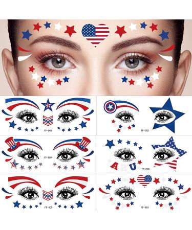 4th of July Temporary Tattoos Face Eye Tattoo Stickers  American Flag Red White Blue Design Face Body Art Decorations  Patriotic Theme Party Decor Supplies for Adult Kids 10 Sheets