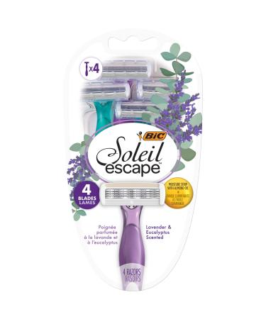 BIC Soleil Escape Women's Disposable Razors, 4 Blade Razor, Moisture Strip With 100% Natural Almond Oil, Lavender and Eucalyptus Scented Handles, 4 Pack 4 Blade 4 Count (Pack of 1)