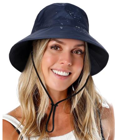 Womens Waterproof Bucket Sun Hat UPF 50+ Outdoor Beach Boonie Floppy Rain Hat for Men Fishing Hiking Safari Cap with Strings Navy Blue (Hc: 23.62'') One Size-Medium
